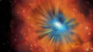 Ilustração de uma galáxia com o quasar em seu centro, cercado pela poeira