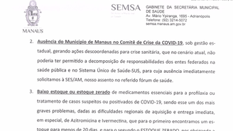 Em ofício enviado em 14 de janeiro ao Ministério da Saúde, Secretaria de Saúde de Manaus diz que ivermectina e azitromicina são "medicamentos essenciais" para tratar covid-19