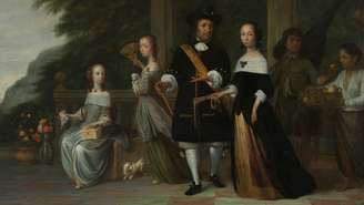 Pieter Cnoll com a família e seus criados escravizados — pintura de Jacob Coeman