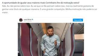 Trecho da entrevista de Rony no qual a Fifa cita o Palmeiras como campeão mundial