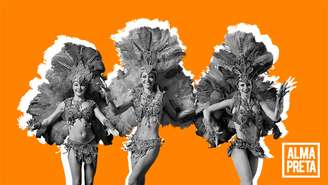 Imagem mostra 3 mulheres brancas como rainhas de bateria de escolas de samba.