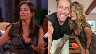 Jennifer Aniston apareceu ao lado do cabeleireiro Chris McMillan com um dos vestidos usados por Courteney Cox em 'Friends'.