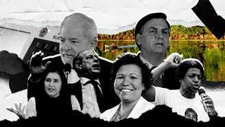 Colagem com imagens de urna eletrônica, meio ambiente e os candidatos à Presidência: Lula, Bolsonaro, Ciro Gomes, Simone Tebet, Vera Lúcia e Leonardo Péricles.