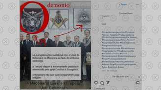 Reprodução de postagem desinformativa que engana ao dizer que Bolsonaro tirou foto em templo maçônico com imagem de Bafomé