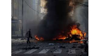 Ataque militar russo no centro de Kiev, na Ucrânia