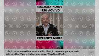 Frame de vídeo que desinforma que Lula disse ser contra o auxílio e à distribuição de renda