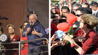 À esquerda, Dilma durante ato que celebração da vitória de Lula, na Avenida Paulista, em São Paulo, no domingo, 30; à direita, Dilma deixando o Palácio da Alvorada, em Brasília, em 2016. 