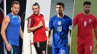 Kane, Bale, Pulisic e Taremi são as estrelas de Inglaterra, País de Gales, Estados Unidos e Irã, respectivamente (AFP)