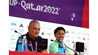 Tite e Marquinhos durante coletiva do Brasil 