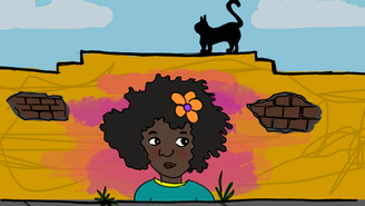 A imagem mostra uma criança negra desenhada em um muro laranja. Sobre o muro, anda um gato preto. A imagem ilustra matéria sobre racismo estrutural no uso indevido de fotos.