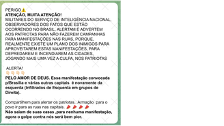 Corrente de Whatsapp que alega que manifestações marcadas para o mês de março seriam uma “armação” de infiltrados da esquerda.