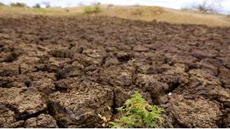 Terra rachada em barragem seca devido à estiagem no sertão baiano 