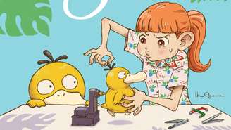 A Concierge Pokémon apresenta Haru e seu companheiro Psyduck