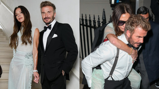 Victoria Beckham vai embora de festa carregada por David