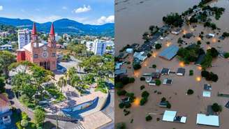 Cidade de Encantado (RS) antes e depois de ser tomada pela água 