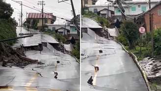 Em Gramado (RS), rua desmoronou por causa de fortes chuvas.