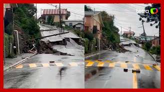 Rua desmorona após chuva em Gramado, no Rio Grande do Sul 