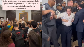 Em vídeos, que estão circulando nas redes sociais, é possível ver militares empurrando alunos e segurando um dos manifestantes