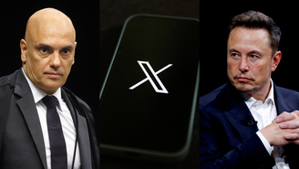 Alexandre de Moraes, logo do X e Elon Musk