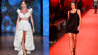 Deborah Secco e Camila Queiroz usando trajes com balonês