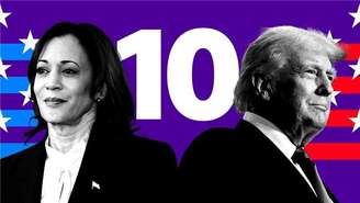 Montagem mostra Kamala Harris à esquerda e Donald Trump à direita. Entre eles, o número 10.