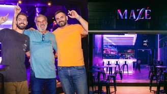 Matheus Costa, o irmão e o pai em frente ao Mazé, bar conceitual em Copacabana, no Rio de Janeiro.