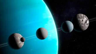 Iluistração de Urano e suas cinco maior luas