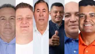 Montagem com fotos de Marcus Rinco (União), Fernando Morandi (PSB), Eduardo Lima (PSB), Fabiano Francisco da Silva (MDB), Manoel Nascimento (Republicanos) e Gilvan Macedo (Avante), da esquerda à direita. 