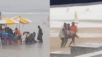 Sete pessoas são atingidas por raio durante tempestade no litoral de São Paulo; vídeo mostra vítimas, desacordadas, sendo socorridas