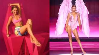 Gigi Hadid na campanha para a Havaianas e ela no desfile da Victoria's Secret em 2024