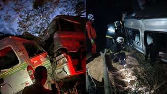Acidente envolvendo uma van de transporte de passageiros e uma carreta, na noite desta domingo (30