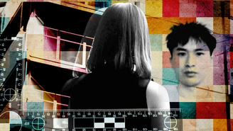 Uma colagem de imagens mostrando a cabeça e os ombros de uma mulher de costas para a câmera, e uma foto de Zhenhao Zou, ao fundo 