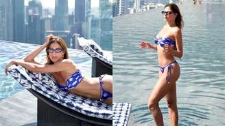 Mari Gonzalez usa biquíni estampado em viagem