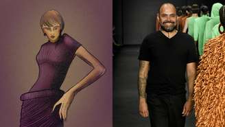 Croqui com spoiler da coleção e o estilista Weider Silveiro