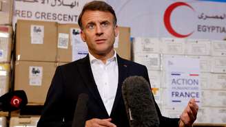 O presidente francês Emmanuel Macron, durante sua visita a Al-Arish, no Egito, em 8 de abril de 2025.