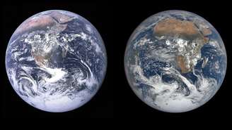 A icônica Blue Marble ao lado de uma fotografia tirada 50 anos depois