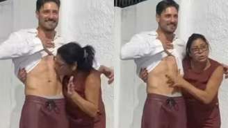 Delma é flagrada beijando tanquinho do namorado de Vitória Strada em churrasco