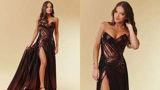 Rafaella Justus usando vestido marrom feito sob medida