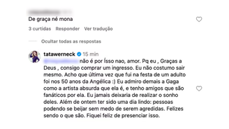 Tata Werneck dá resposta afiada após insinuarem que ela foi no show de Gaga por ter sido ‘de graça’