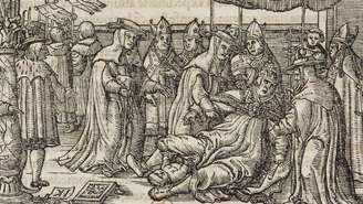 Ilustração presente na primeira página da biografia da papisa Joana mostra momento em que supostamente ela teria dado à luz, tal como aparece na obra de Boccaccio (De mulieribus claris, 1362).