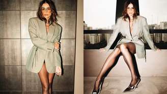 Deborah Secco adapta blazer e chama atenção