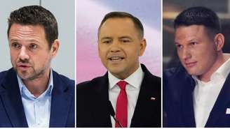 Os três principais candidatos poloneses: o prefeito progressista de Varsóvia, Rafal Trzaskowski (à esquerda), o candidato do partido nacionalista polonês, Karol Nawrocki (centro), e o candidato da extrema-direita, Slawomir Mentzen.
