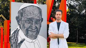 O artista plástico Paulo Ricardo Campos ao lado de sua obra