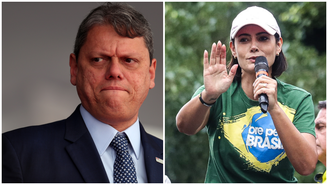 Governador de São Paulo, Tarcísio de Freitas (Republicanos), e a ex-primeira-dama Michelle Bolsonaro (PL)