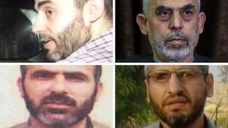 Do lado superior esquerdo, no sentido horário: os antigos líderes do Hamas Mohammed Sinwar (1975-2025), Yahya Sinwar (1962-2024), Mohammed Deif (1965-2024) e Marwan Issa (1965-2024)