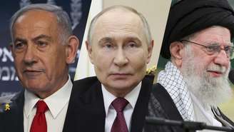 Vladimir Putin quer mediar conflito entre Israel e o Irã. Na montagem, o presidente russo está no centro, com o primeiro-ministro israelense Benjamin Netanyahu à esquerda e o líder supremo do Irã, o aiatolá Ali Khamenei à direita.