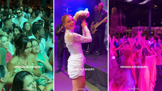 Bruna Marquezine tenta pegar buquê em casamento de Giovanna Lancellotti; veja