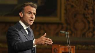 O presidente francês, Emmanuel Macron, durante discurso em Londres (8 de julho de 2025).