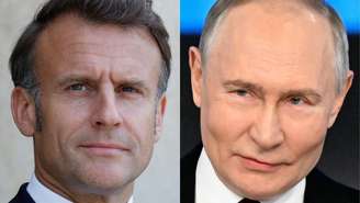 Montagem de fotos mostra o presidente francês Emmanuel Macron (à esquerda) e seu colega russo Vladimir Putin (à direita).