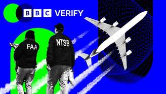 Montagem mostram dois investigadores de acidentes aéreos, ao fundo um avião no céu, com logo da BBC Verify no topo esquerdo